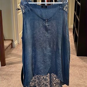 Sleeveless blouse with lace shoulders and back